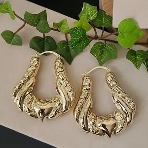 Large Chunky Doorknocker Style Gold Filled Hoop Earrings with Hearts